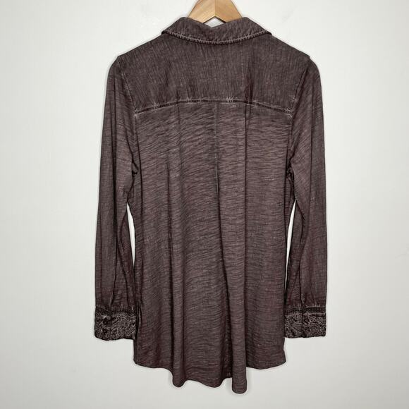 Soft Surroundings Womens Long Sleeve Button Up Shirt M Brown Floral Embroidery - Picture 7 of 8